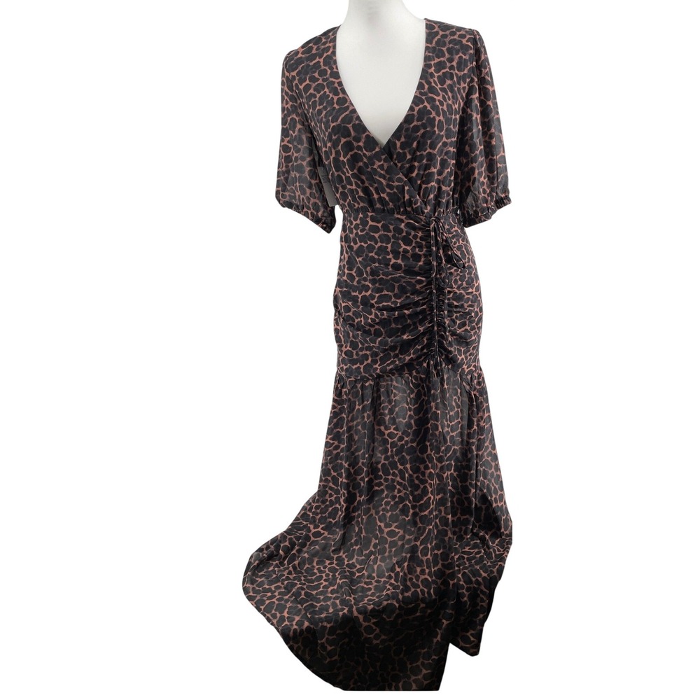 Leopard Maxi Dress Womens Small Animal Print Boho Romantic Puff Sleeve Chiffon